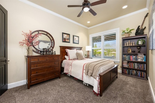 bedroom featuring ceiling fan, crown molding, and dark carpet