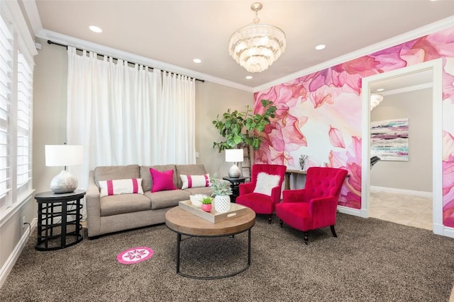 living room with carpet flooring, a healthy amount of sunlight, crown molding, and an inviting chandelier