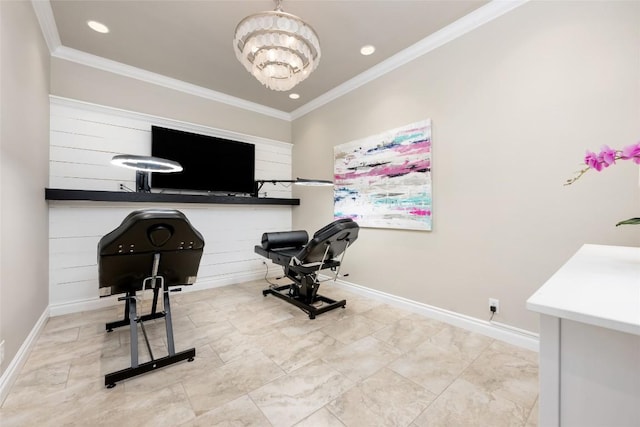 workout area featuring ornamental molding and a notable chandelier