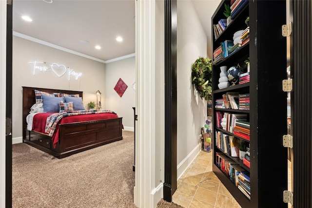 carpeted bedroom with ornamental molding