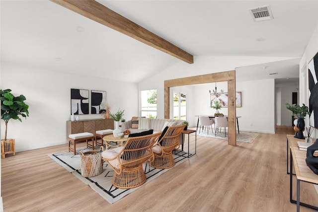 living room featuring lofted ceiling with beams and light wood-type flooring