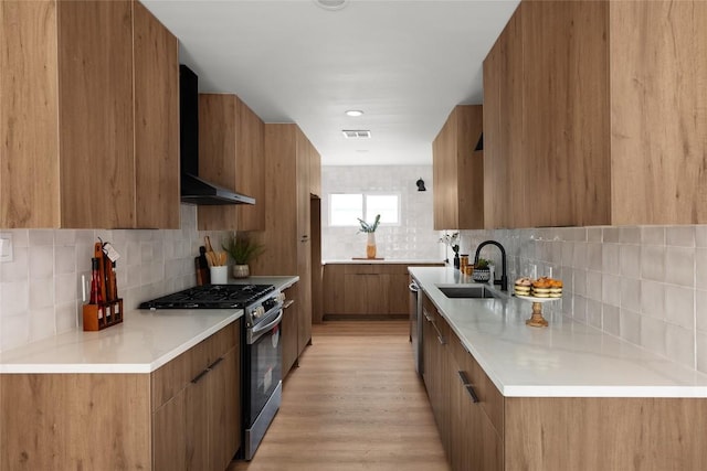 kitchen featuring tasteful backsplash, sink, wall chimney exhaust hood, and stainless steel appliances