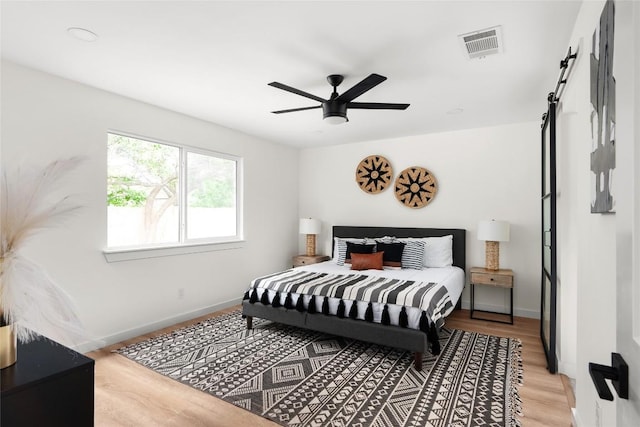 bedroom featuring hardwood / wood-style flooring and ceiling fan