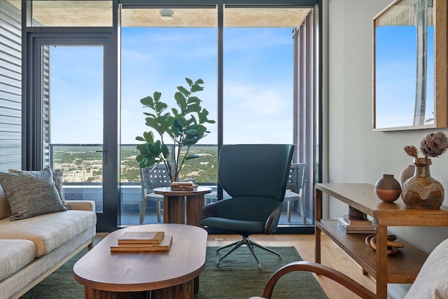 living area featuring hardwood / wood-style floors and expansive windows