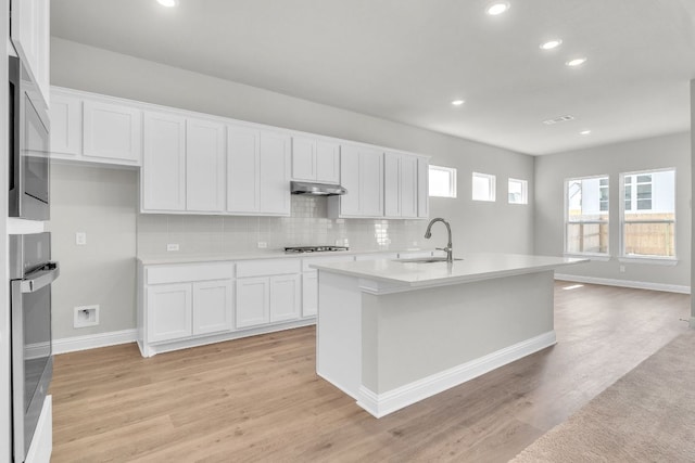 kitchen featuring light wood-style flooring, a sink, appliances with stainless steel finishes, under cabinet range hood, and tasteful backsplash