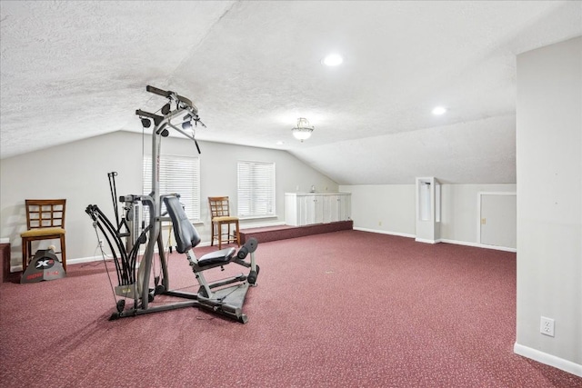 exercise area featuring lofted ceiling, a textured ceiling, and carpet floors