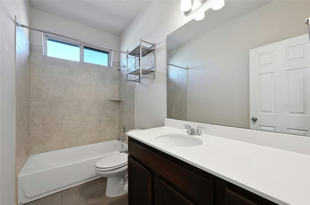 full bathroom with shower / bathing tub combination, vanity, toilet, and tile patterned floors