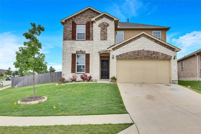 front facade with a front lawn and a garage