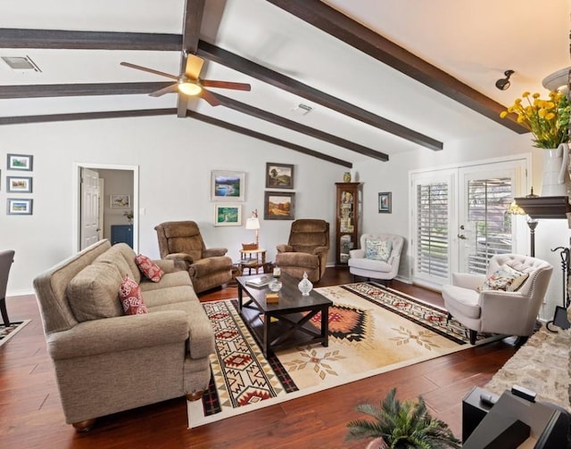 living room featuring dark hardwood / wood-style floors, lofted ceiling with beams, ceiling fan, and french doors