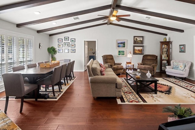 living room with lofted ceiling with beams, ceiling fan, and dark hardwood / wood-style flooring