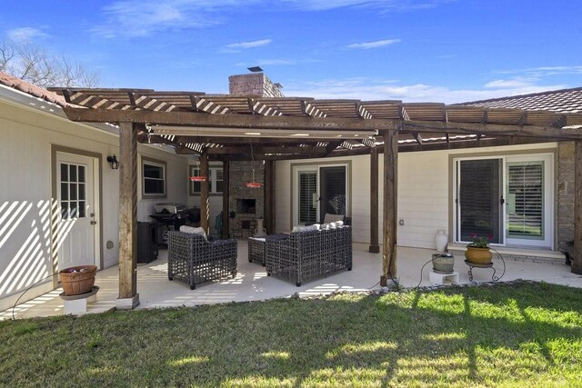 408 Silver Spur, Horseshoe Bay, TX 78657 - back of property featuring a pergola, a chimney, an outdoor living space, and a lawn