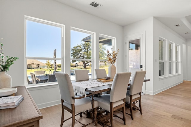 dining space featuring light wood-style floors, visible vents, and baseboards