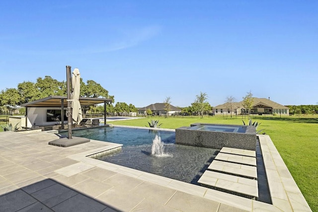 view of property's community featuring a hot tub, a patio, a lawn, and a gazebo