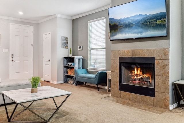 interior space featuring light colored carpet, crown molding, and a tile fireplace