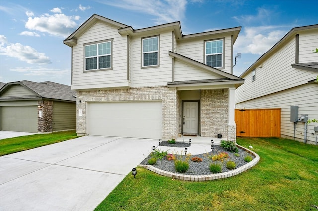 view of front of home with a garage and a front lawn