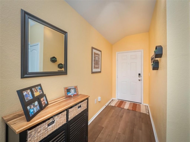 doorway to outside featuring dark hardwood / wood-style floors and vaulted ceiling