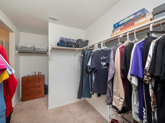 spacious closet featuring light colored carpet