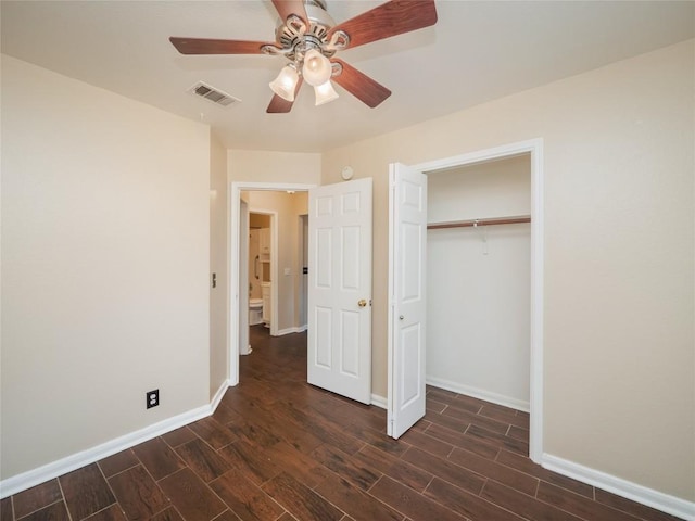 unfurnished bedroom with a closet and ceiling fan