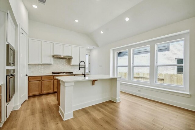 192 Bay Breeze Dr, Kyle, TX 78640 - kitchen with stainless steel oven, under cabinet range hood, light wood-type flooring, a center island with sink, and light countertops