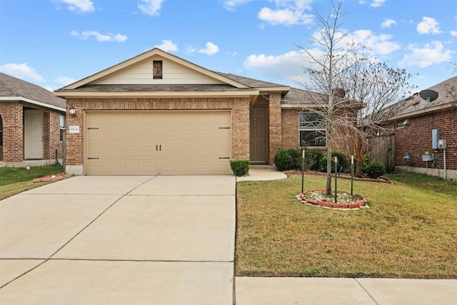 ranch-style home featuring a garage and a front yard