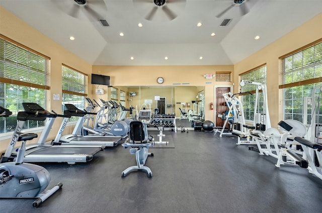 14121 Fallsprings Way, Manor, TX 78653 - gym with ceiling fan, healthy amount of natural light, and recessed lighting