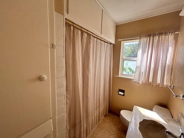 bathroom with a shower with curtain and toilet