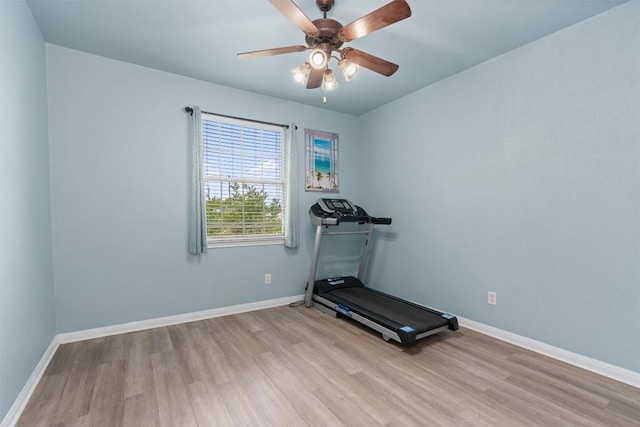 workout room featuring ceiling fan and light hardwood / wood-style floors