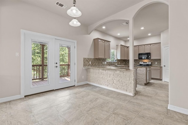 kitchen featuring kitchen peninsula, french doors, tasteful backsplash, stainless steel electric stove, and decorative light fixtures