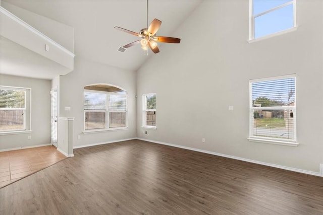 unfurnished living room featuring ceiling fan, dark hardwood / wood-style floors, and high vaulted ceiling