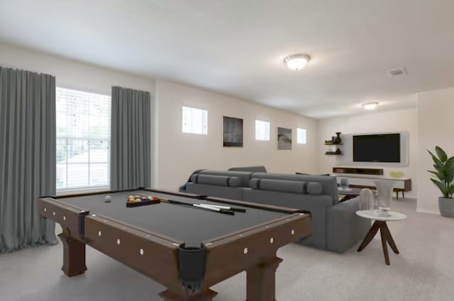 rec room with light colored carpet and pool table