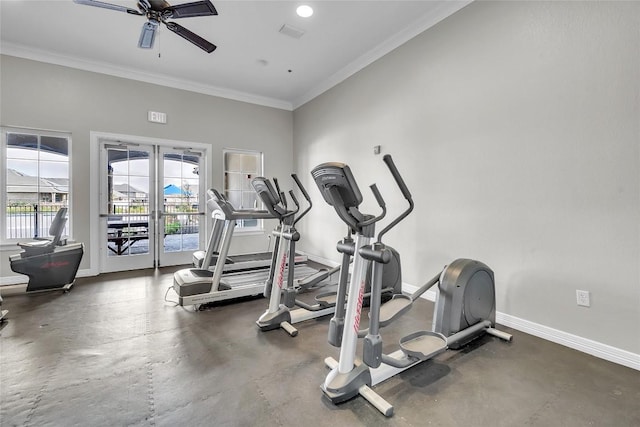 workout area with ceiling fan and crown molding