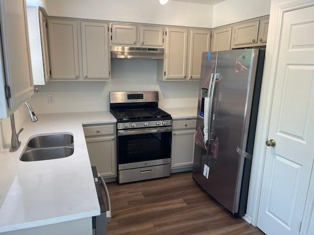 kitchen featuring gray cabinets, sink, stainless steel appliances, and dark wood-type flooring