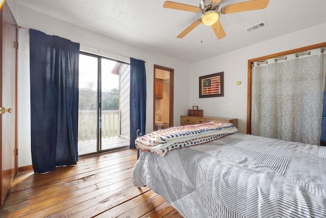 bedroom featuring access to outside, ceiling fan, and hardwood / wood-style floors