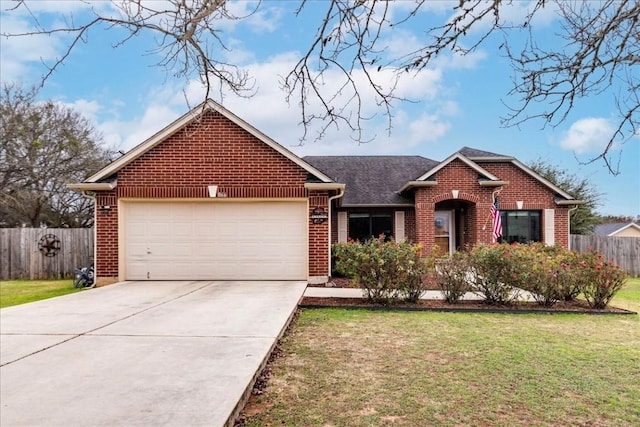 ranch-style house featuring an attached garage, brick siding, fence, concrete driveway, and a front lawn