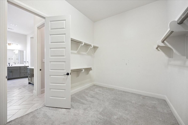 spacious closet featuring light carpet and sink