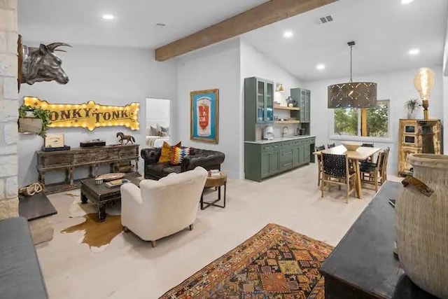 living room featuring vaulted ceiling with beams