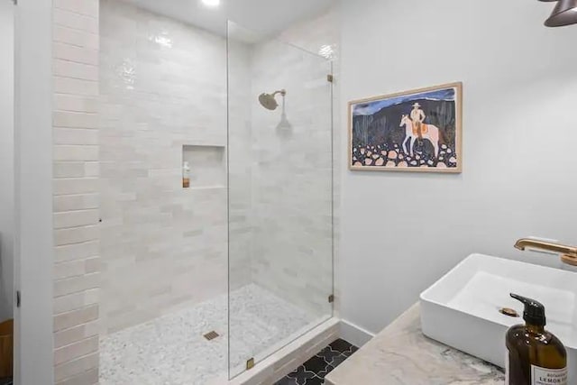 bathroom with sink and a tile shower