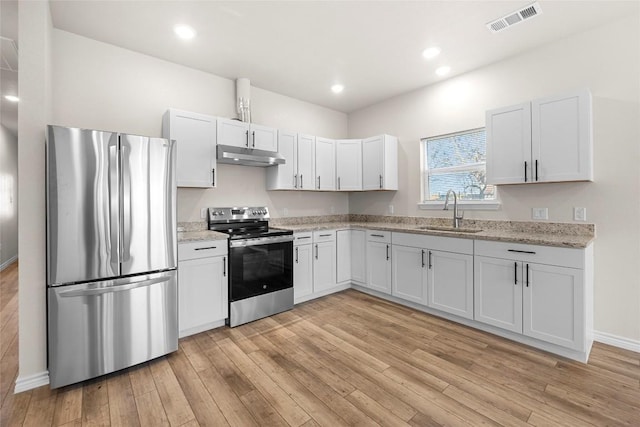 kitchen with light stone countertops, sink, stainless steel appliances, light hardwood / wood-style floors, and white cabinets