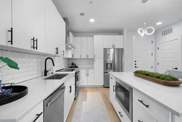 kitchen featuring pendant lighting, sink, decorative backsplash, appliances with stainless steel finishes, and white cabinetry