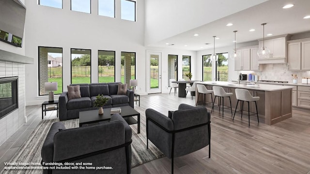 229 Leaning Rock Rdg, Austin, TX 78737 - living area with wood finished floors, recessed lighting, plenty of natural light, a tiled fireplace, and a high ceiling