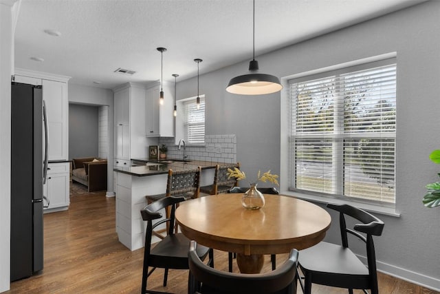 dining room with wood-type flooring, a wealth of natural light, and sink