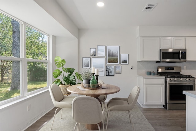 kitchen with white cabinets, backsplash, dark wood-type flooring, and appliances with stainless steel finishes