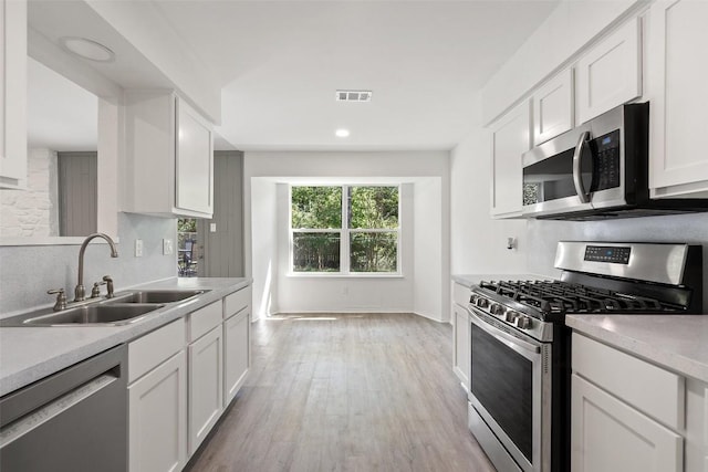 kitchen featuring white cabinets, sink, light wood-type flooring, and stainless steel appliances