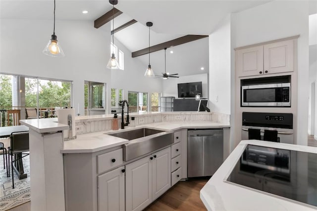 210 Finn St, Austin, TX 78734 - kitchen featuring appliances with stainless steel finishes, a sink, beam ceiling, pendant lighting, and dark wood finished floors