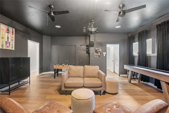 home theater room featuring light hardwood / wood-style flooring