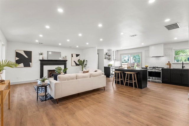 living room with light wood-type flooring, a wealth of natural light, and sink