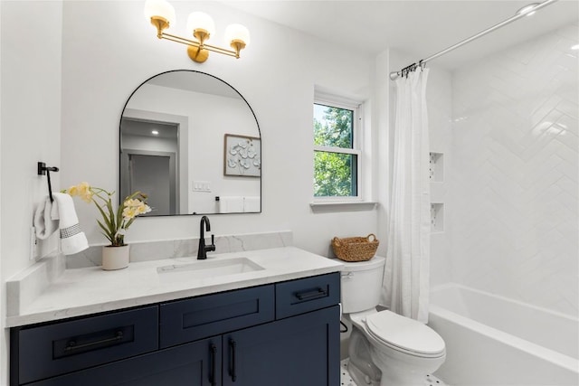 full bathroom featuring shower / bath combination with curtain, vanity, and toilet