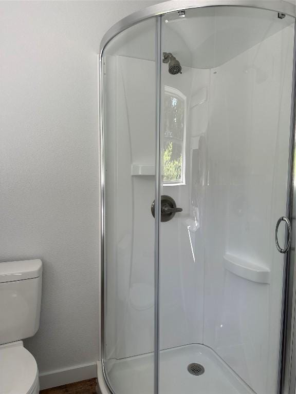 bathroom featuring toilet and a shower with door