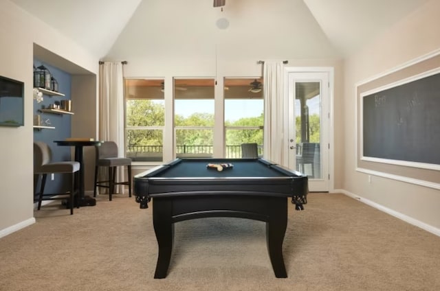 game room featuring ceiling fan, light colored carpet, vaulted ceiling, and pool table