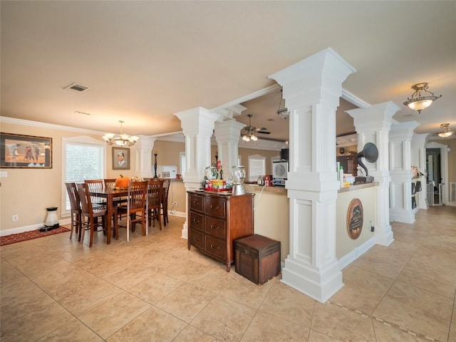 interior space featuring light tile patterned flooring, ceiling fan with notable chandelier, and ornamental molding